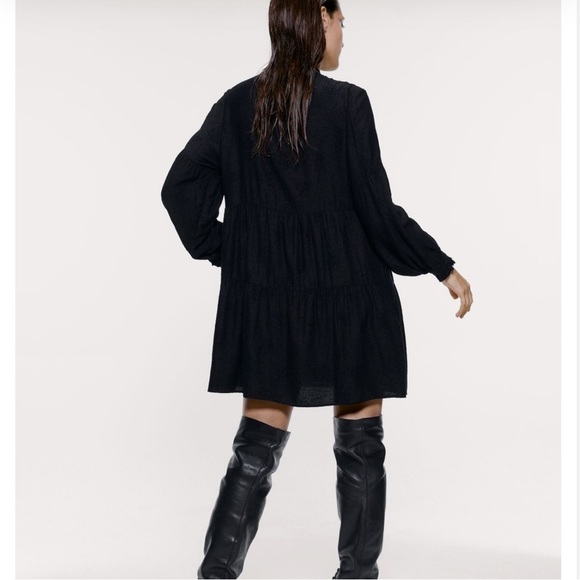 Zara black textured tiered mini dress with bow detail size X-Large - Picture 12 of 12